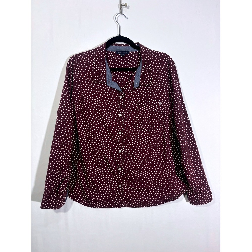 Classic Preppy Tommy Hilfiger Polka Dot Button Down Shirt Womens XL Burgundy